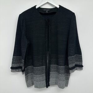 Ming Wang Cardigan Jacket‎ Large Knit 3/4 Sleeve Natural Fringe Sparkle Holiday